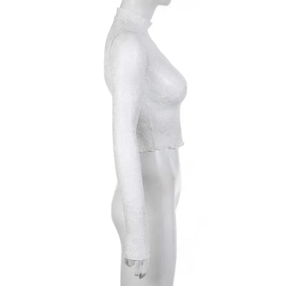 Lace Blouse Shirts Summer Women Turtleneck Long Sleeve See Through Lace Patchwork Thin Tops