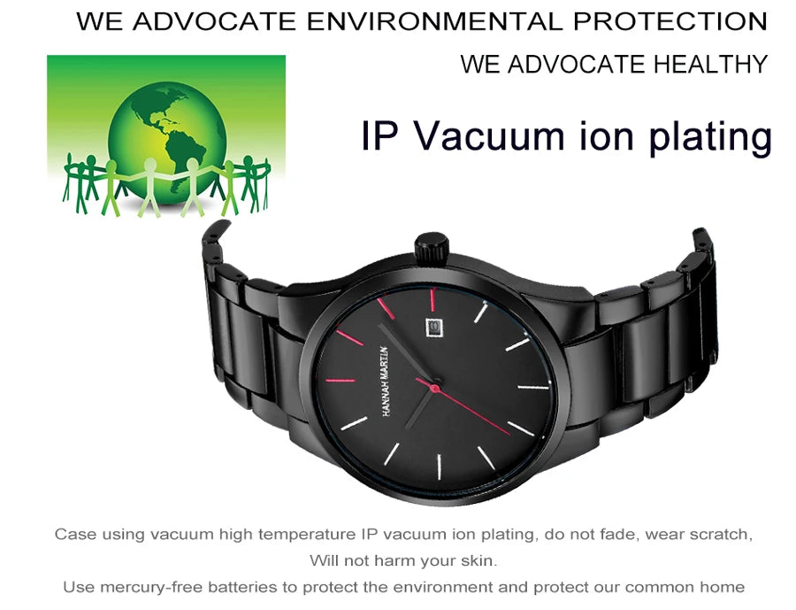 Hannah Martin Men's Stainless Steel Watch Fashion Business Style Black Minimalist Style 3Bar Waterproof Quartz Movement Watches