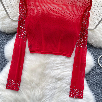 Thin See-tough Long Sve Me T-shirt ort Heavy-du Rhinestone Base irt Korean Sle Creative Pattern