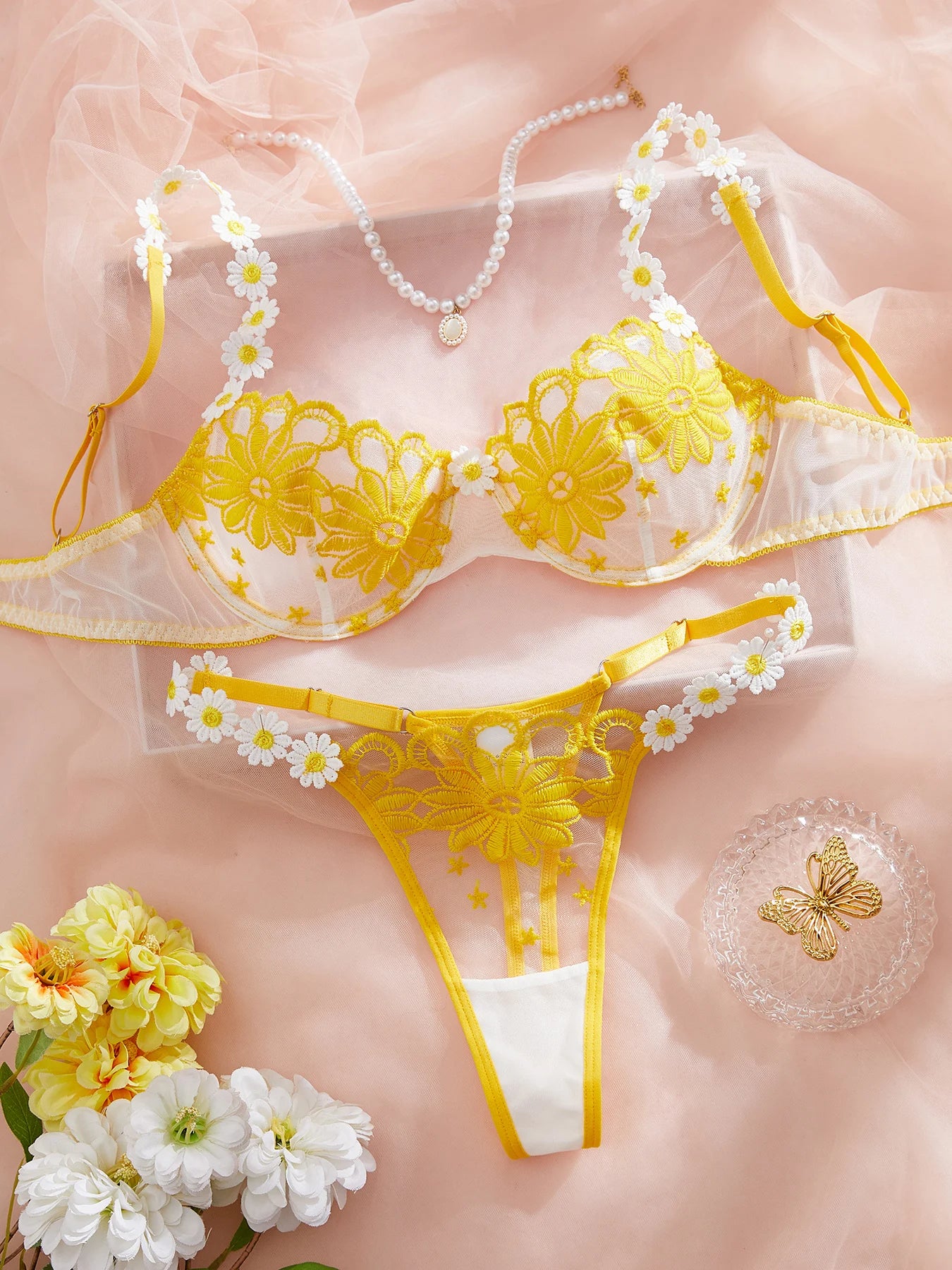 Lingerie beautiful yellow daisy summer semi transparent embroidered underwear, cute and sweet style, adjustable shou