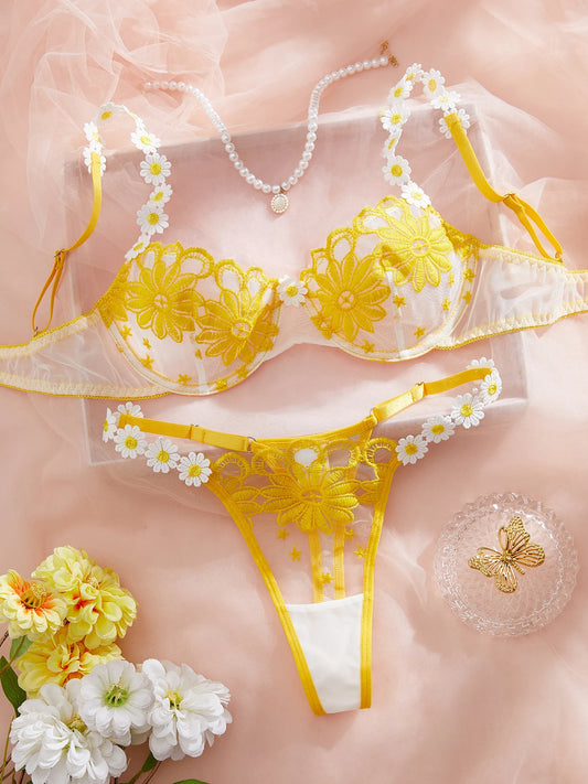 Lingerie beautiful yellow daisy summer semi transparent embroidered underwear, cute and sweet style, adjustable shou