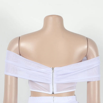 Slimming Mesh Splice Bum Covering Visibility Elastic Off-Shoulder 2-Piece Set European And American Style