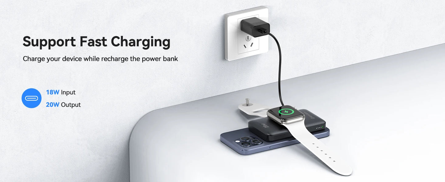 10000mAh Magnetic Wireless Power Bank for Apple Watch /9/8/7/6/5/4/Ultra 2 iWatch Battery Pack For iPhone 16/15,Galaxy