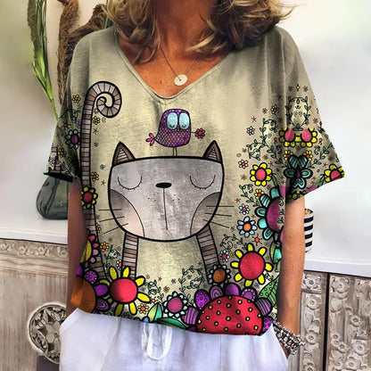 Women T Shirts Cartoon Cat Graphic Girls Clothing Large Size V Neck Short Sleeve Tee Summer Fashion Casual Female Clothing