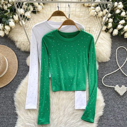 Long Sleeves Hotsweet O-neck Fashion Rhinestone Slim Top French Streetwear Sexy High Street Autumn Winter Women T-Shirts