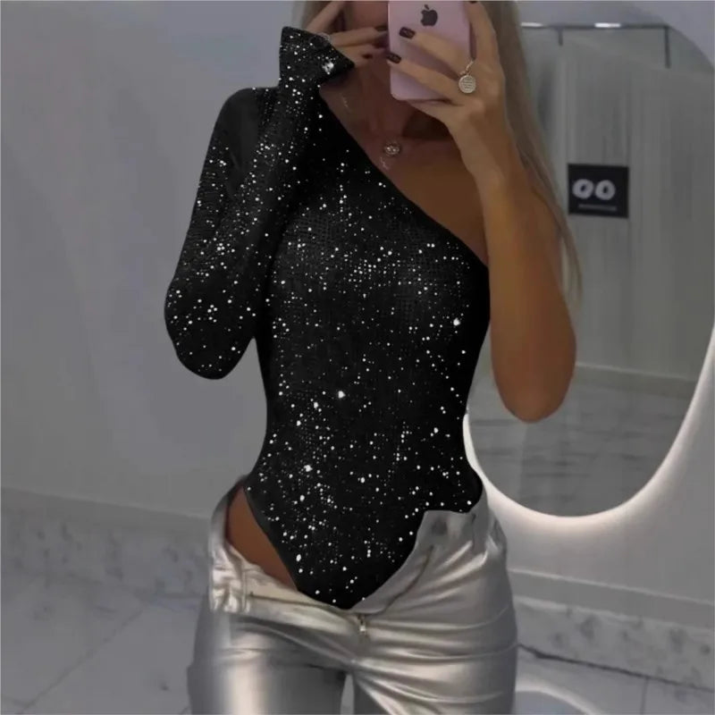 Jumpsuit Sequin Top One-Shoulder Tight Rhinrhinone Solid Silver One-Piece Fashion Party Nightclub Summer