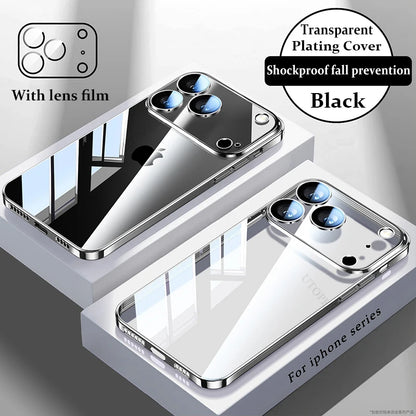Plating Transparent with Lens Film Case for iPhone 17 Air 17 16 15 14 13 12 11 Pro Max Plus Anti-fall Damping Cover