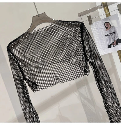 Bright diamond short top Slim thin Ms. hot drill long-sleeved T-shirt sexy leak waist nightclub