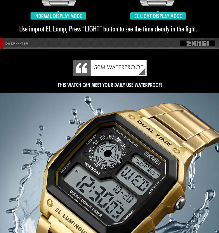 SKMEI 1335 Digital Watch for Men Retro Sports Waterproof Chrono Electronic Mens Wristwatches Stainless Steel Clock Reloj Hombre