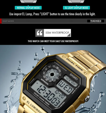 SKMEI 1335 Digital Watch for Men Retro Sports Waterproof Chrono Electronic Mens Wristwatches Stainless Steel Clock Reloj Hombre