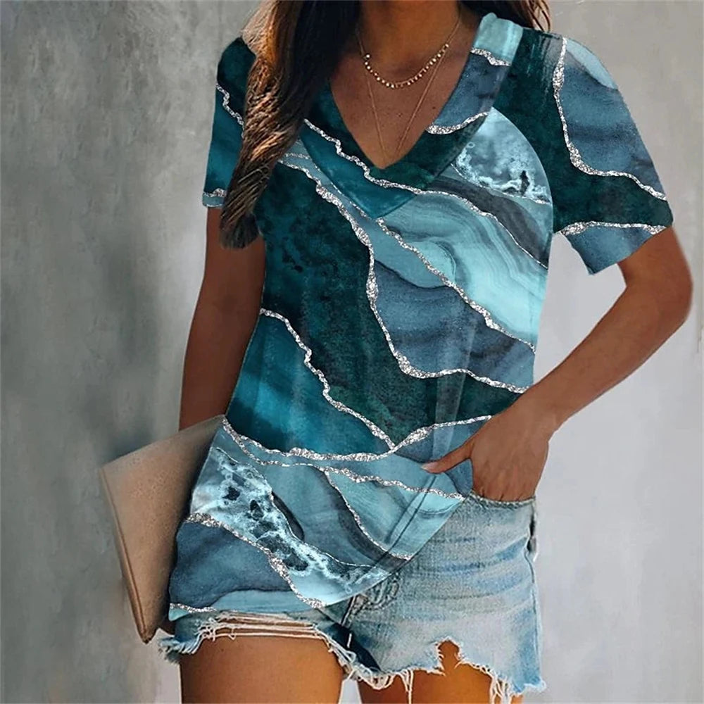 Colorful Tassels Print T-Shirt Fashion Women's Short Sleeve V-Neck T-Shirt Summer Casual Elegant Women's Large Size T-Shirt