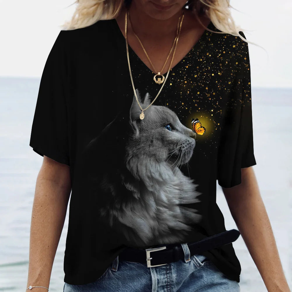 T-shirt Cat Print Short Sleeve Clothes Female Harajuku Tees Ladies T Shirt Oversized Tops Animal Women Clothing