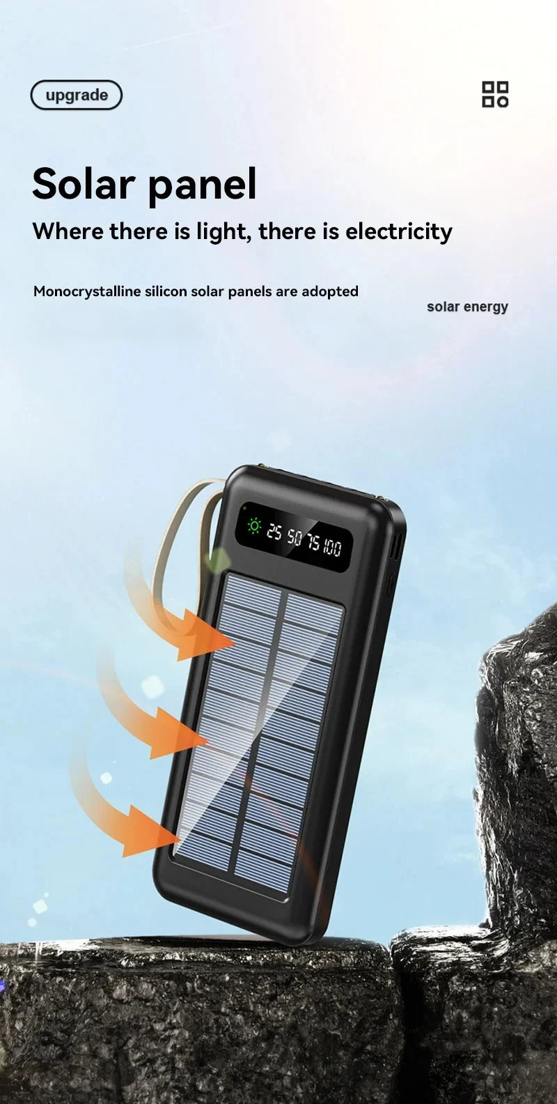 200000mAh Solar Power Bank Large Capacity Mobile Power Fast Charging Battery With Dual USB 4 Cables For iPhone Samsung