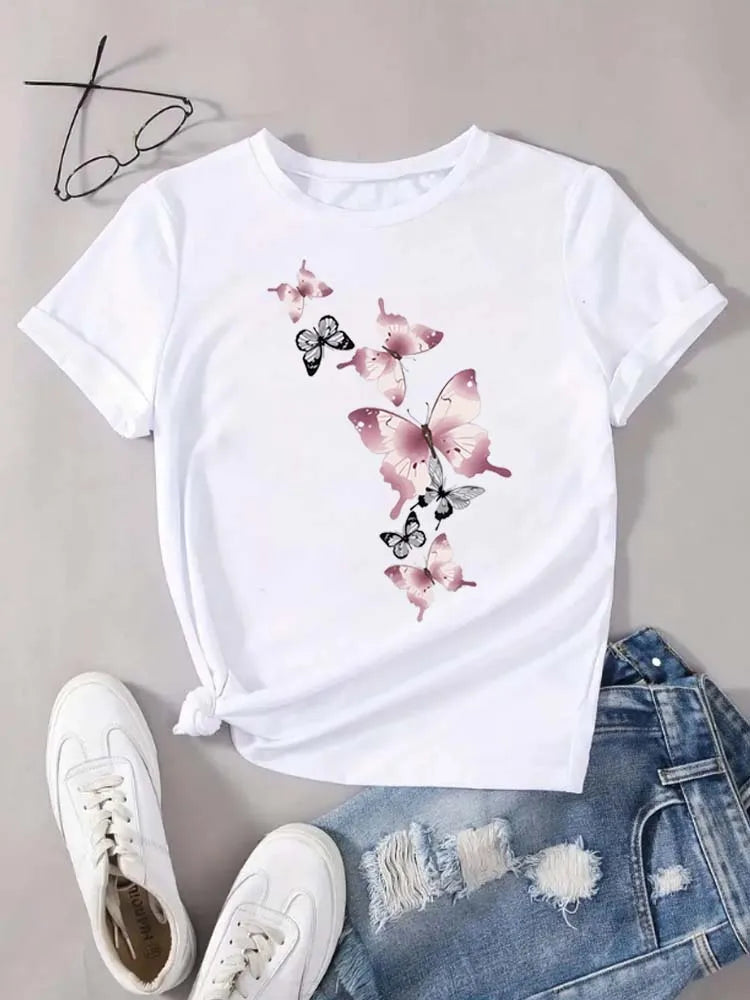 Fashion Butterfly Print Harajuku Female Harajuku Short Sleeve Casual Women's T-shirt Clothing Street Tops Tees Aesthetic Clothes