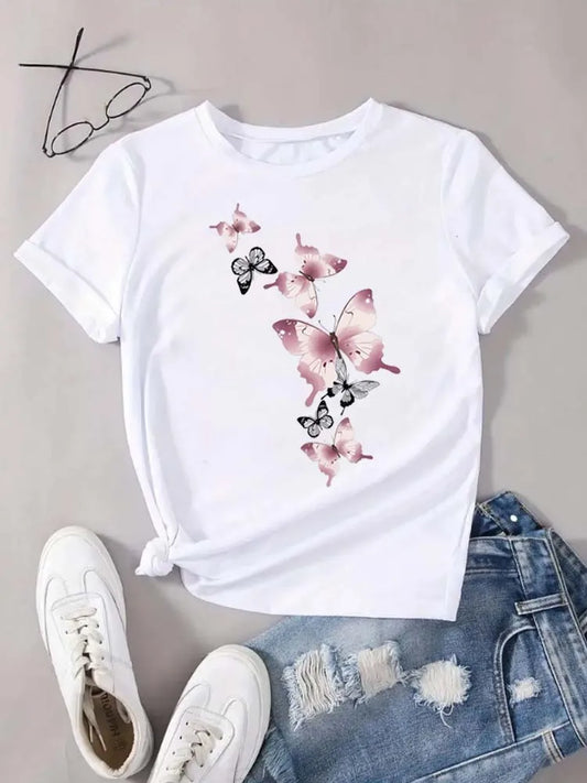Fashion Butterfly Print Harajuku Female Harajuku Short Sleeve Casual Women's T-shirt Clothing Street Tops Tees Aesthetic Clothes