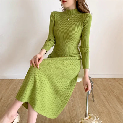 Slim Long Sleeve Party Midi Dress for Women Knitted Half High Collar Elegant Knitted Sweater Dresses Ladies
