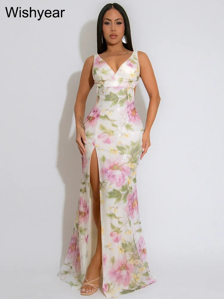 Flower Print Sequins Spaghetti Strap Sleeveless High Slit Long Dress Woman Sexy Vacation Party Birthday Prom Summer Robe