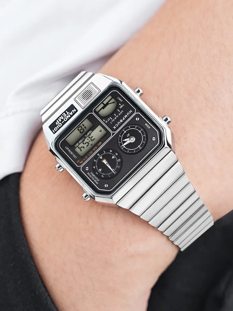 HUMPBUCK DIGITEMP Classic Design Stainless Steel Watches for men with LED Digital Display and Temperature Calendar