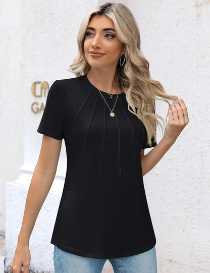 Womens Casual Crew Neck Short Sleeve Pleated Tops Blouses Fashion Clothes