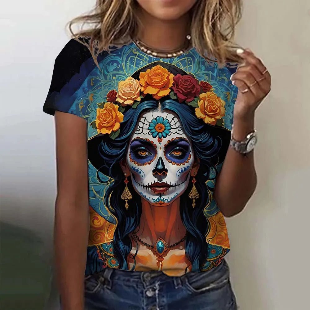 T-shirt for Girls Summer Short Sleeve Casual Sexy Girls Clothes Horror Undead Skull Pattern oversized T-shirts