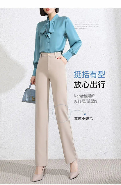 Office Lady Fashion Solid Loose Straight Pants All-match Button Zipper Women Spring Autumn High Waist Pockets Pencil Trousers