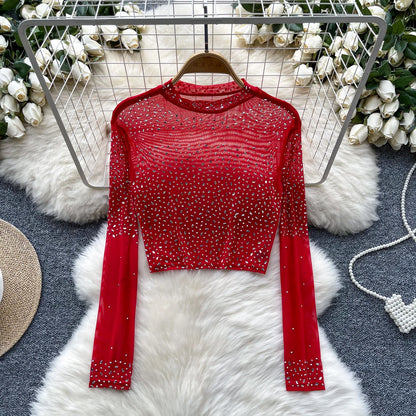 Thin See-tough Long Sve Me T-shirt ort Heavy-du Rhinestone Base irt Korean Sle Creative Pattern