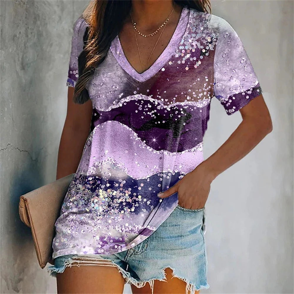 Colorful Tassels Print T-Shirt Fashion Women's Short Sleeve V-Neck T-Shirt Summer Casual Elegant Women's Large Size T-Shirt