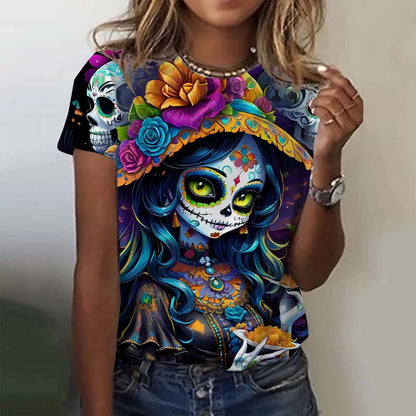 T-shirt for Girls Summer Short Sleeve Casual Sexy Girls Clothes Horror Undead Skull Pattern oversized T-shirts