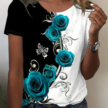 Colorful Rose Flower Print Round Neck Women's T-shirt Summer Versatile And Refreshing Y2K T-shirt
