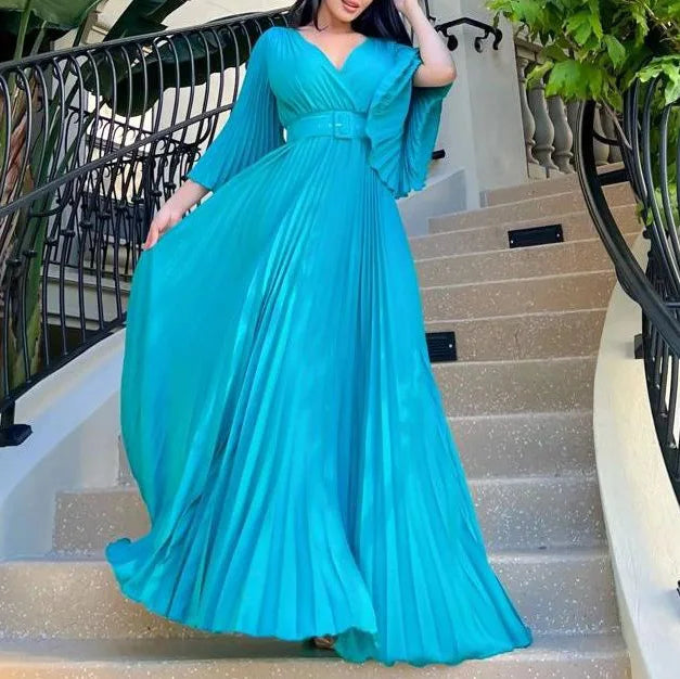 V-neck Flare Sleeve Big Swing Floor Length Maxi Long Dresses  Women Autumn Winter Party Prom Dress