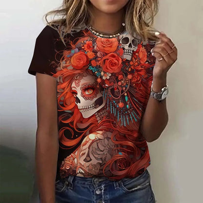 T-shirt for Girls Summer Short Sleeve Casual Sexy Girls Clothes Horror Undead Skull Pattern oversized T-shirts