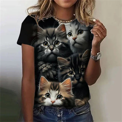 T-shirt 3D Printed Kawaii Cat Pattern Short Sleeved Round neck Top Summer Outdoor Casual Street Simple Clothing