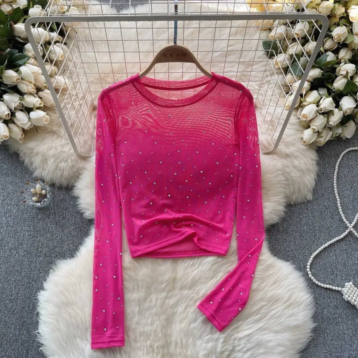 T-shirts Women Cropped Sequins Slim Sheer Solid Spring Summer Sexy Style Cozy Thin O-neck Clubwear European