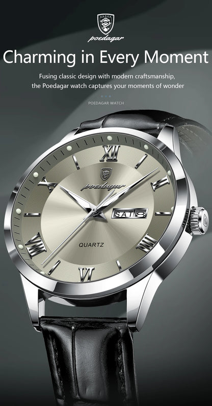 POEDAGAR Top Luxury Watch For Men Military Waterproof Luminous Date Week Man Wristwatch Leather Men's Quartz Watches Sport Reloj