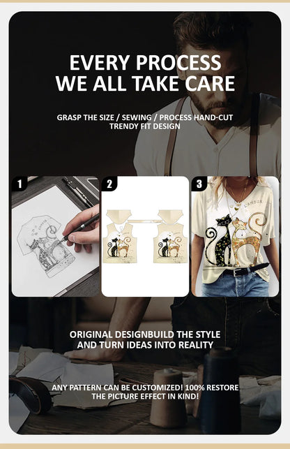 T-shirt Cartoon Cat Print Summer Short Sleeve V-Neck Kawaii Fashion Casual Tee Shirts With Cat Funny Femininity Clothing