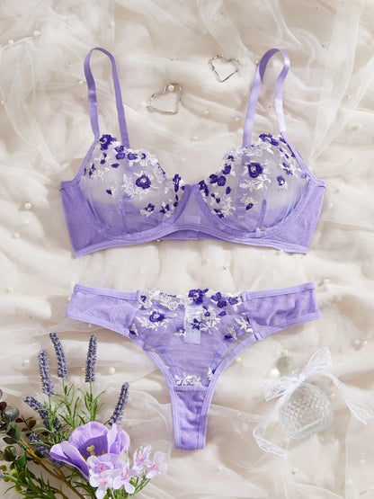 Embroidery Flower Transparent Underwear Bra Thong Set Ultra Thin Cup Large Size Perspective Wire Free Bikini Suit Women 2 Piece