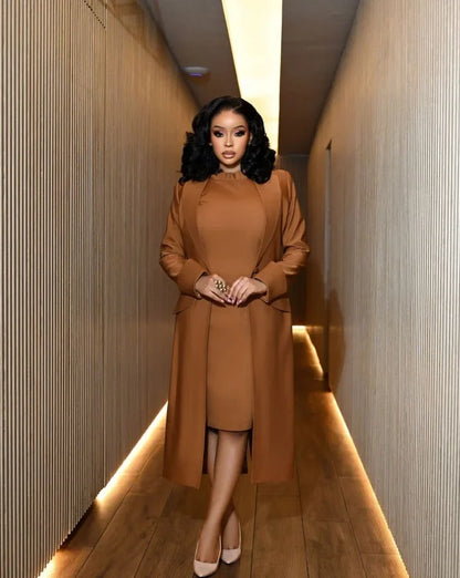 Elegant Office Lady Blazer Two Piece Sets Women Lapel Long Sleeve Coat And Slim Dress Outfit Female Clothing