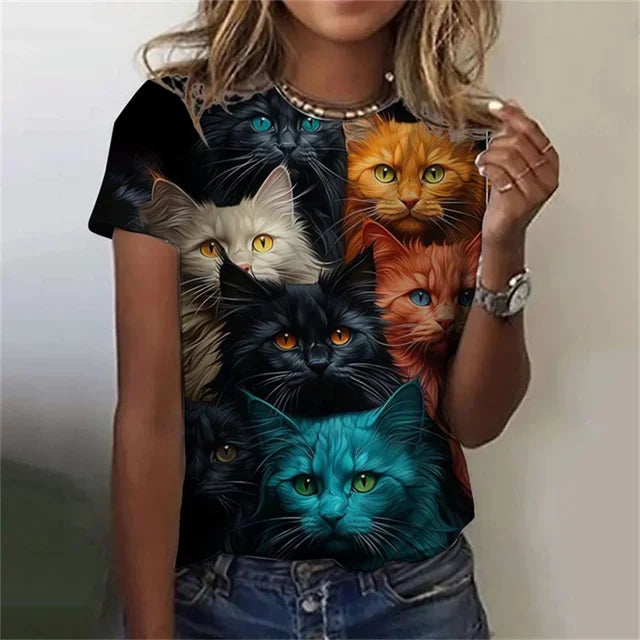 T-shirt 3D Printed Kawaii Cat Pattern Short Sleeved Round neck Top Summer Outdoor Casual Street Simple Clothing