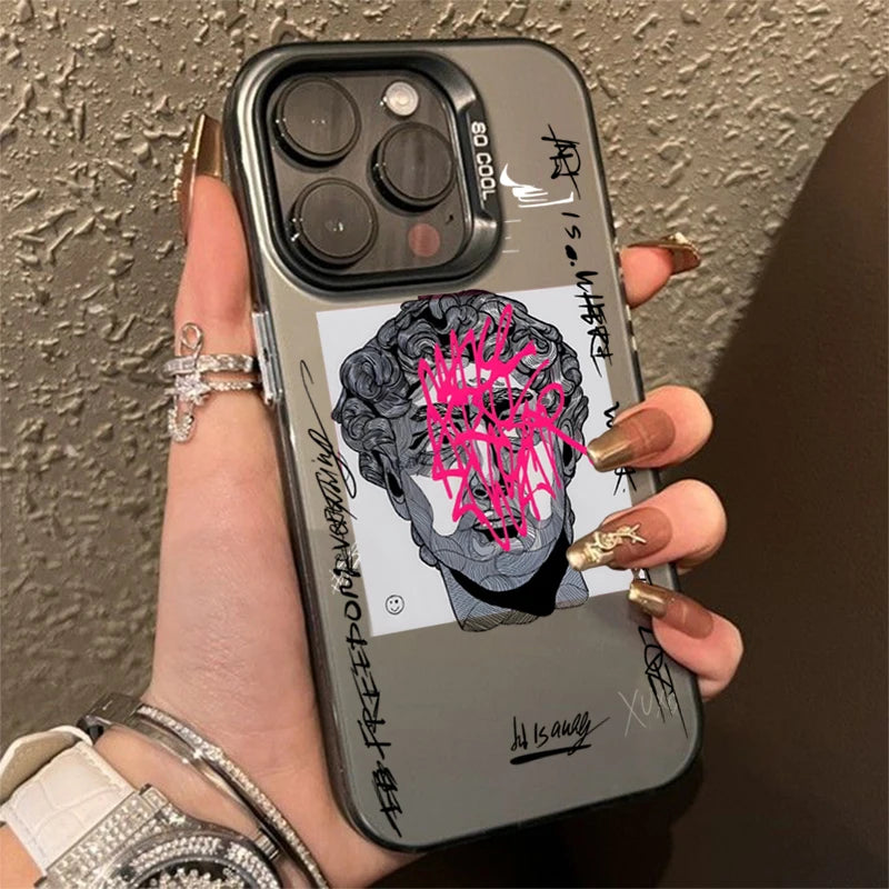 Graffiti Great Art Aesthetic David Mona Lisa Electroplate Silver Case For iPhone 17 15 14 13 12 11 16 Pro Max XS 7 8 Plus Cover