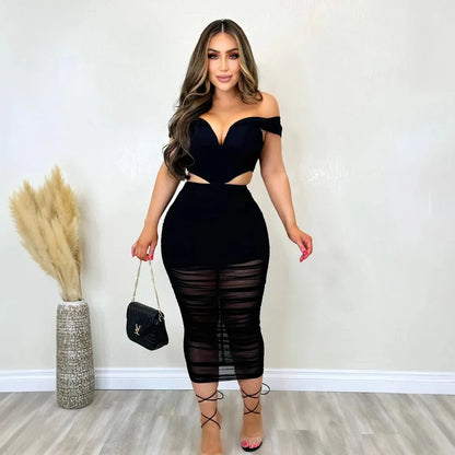 Slimming Mesh Splice Bum Covering Visibility Elastic Off-Shoulder 2-Piece Set European And American Style