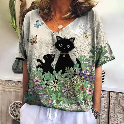 Women T Shirts Cartoon Cat Graphic Girls Clothing Large Size V Neck Short Sleeve Tee Summer Fashion Casual Female Clothing