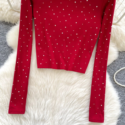 Long Sleeves Hotsweet O-neck Fashion Rhinestone Slim Top French Streetwear Sexy High Street Autumn Winter Women T-Shirts