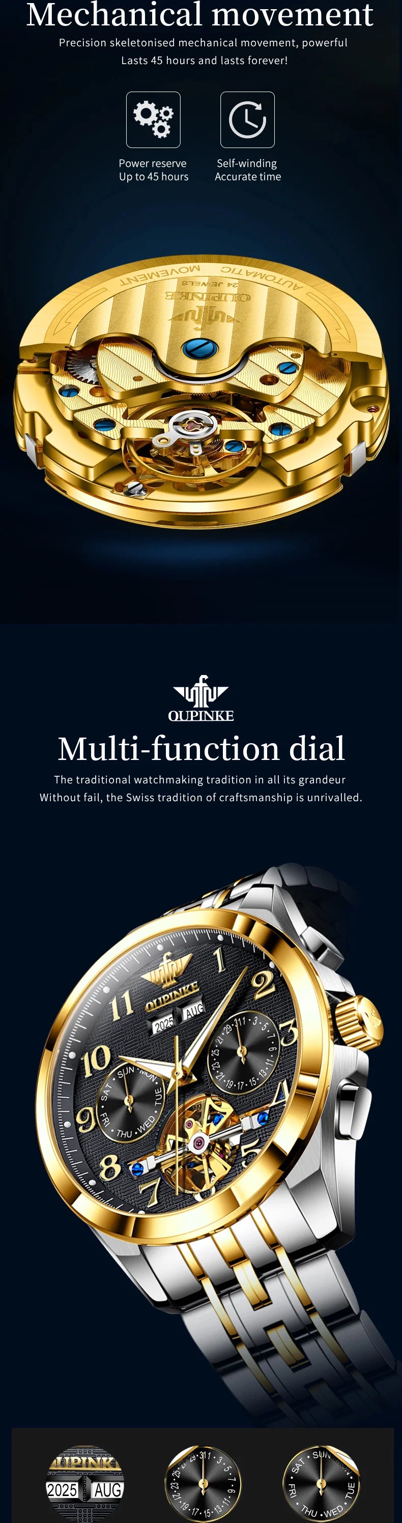 OUPINKE 3263 Automatic Mechanical Watch Multifunctional Dial Auto Date Waterproof Night light Watch Original Brand