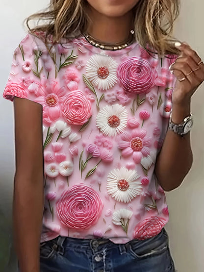 Colorful Rose Flower Print Round Neck Women's T-shirt Summer Versatile And Refreshing Y2K T-shirt