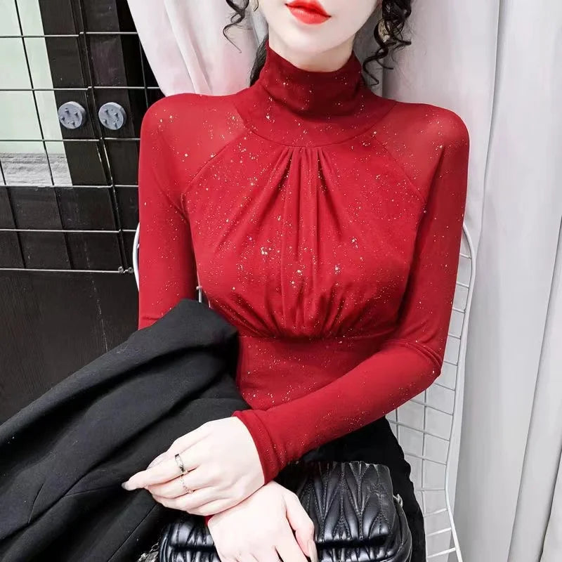 Women Mesh top High neck Sexy Black bottoming t shirt Casual Bright silk Lady shirt Blusa