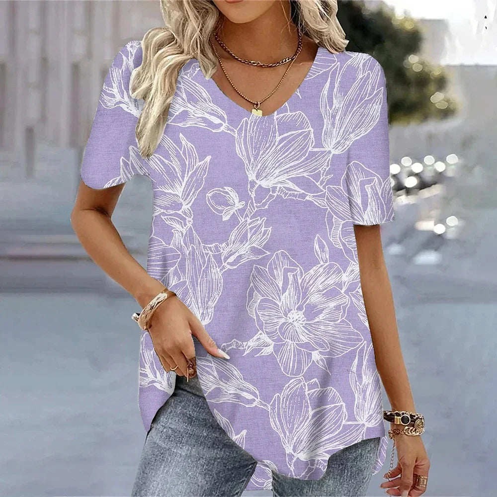 Butterfly Printed Short Sleeve T-shirt Korean Style Women's Clothes 2024 V-neck Short Sleeves Tees Shirt Loose Casual Blouses