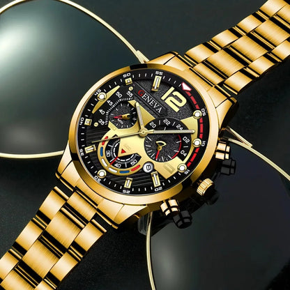 Luxury Men Business Quartz Watches 4pcs Set Gold Alloy Roman with Calendar Wrist Watch Cross Necklace Bracelet Ring Set Men Gift