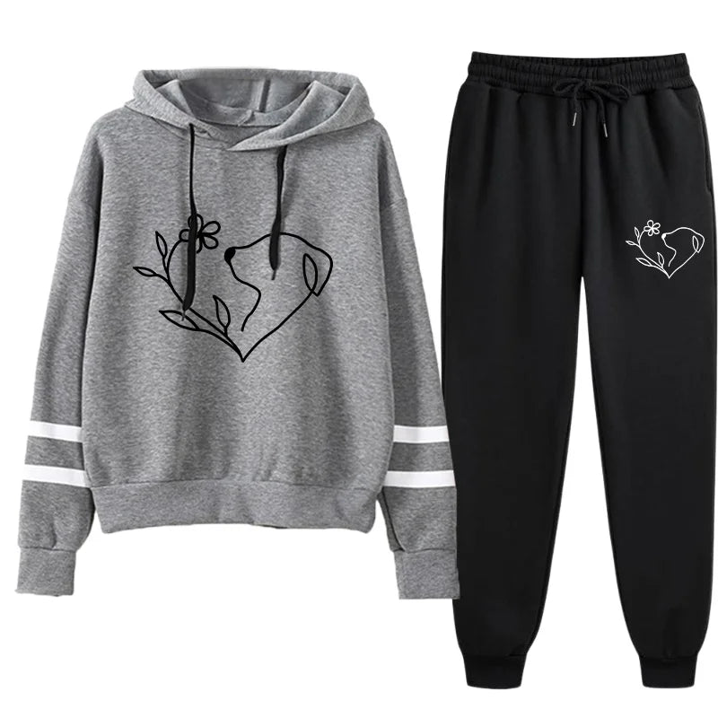 2025 Hot Sale Women's Tracksuit Hooded Sweatshirts Black Sweatpants Urban Casual Fashion Sportswear Cute Pattern Print Hoodies