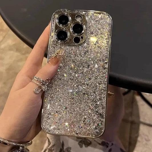 Luxury Silver Sequin Glitter Plating Phone Case For iPhone 17 Air 11 12 13 14 15 16 Pro Max Plus Bling Shockproof Bumper Cover