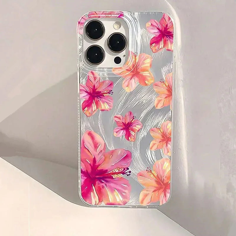 Shiny Phone Case For iPhone 17 16 15 14 13 12 11 Pro Max 16E 14 Plus 17 Air CWatercolor Hibiscus Flower Pattern Hard Cover